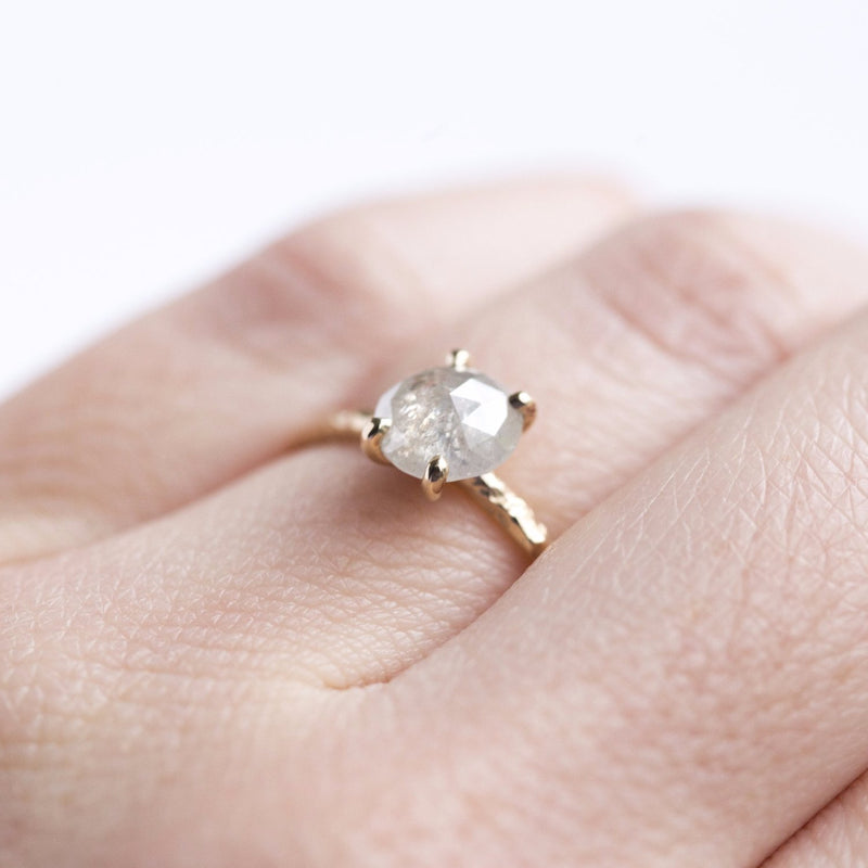 yellow gold rosecut diamond hand carved grey diamond engagement ring