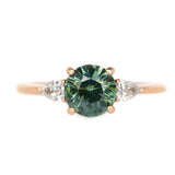 2.05ct Round Unheated Teal Green Sapphire With Pear Diamond Side Stones in 14k Rose Gold
