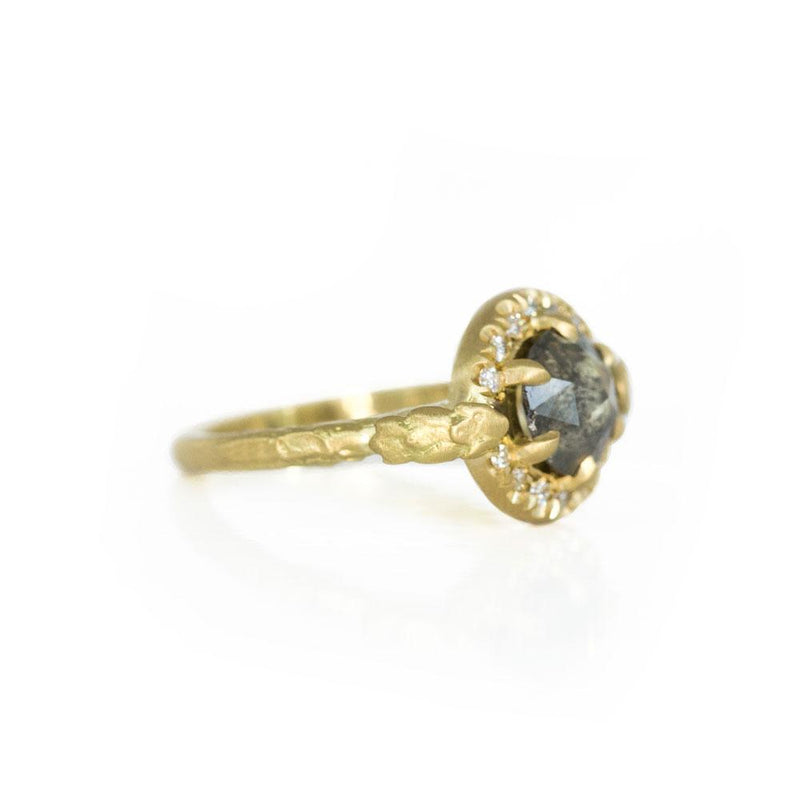 1.60ct Moody Rosecut Diamond Evergreen Six Prong Halo Ring in 18k Yellow Gold side view
