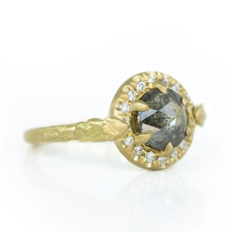 1.60ct Moody Rosecut Diamond Evergreen Six Prong Halo Ring in 18k Yellow Gold
