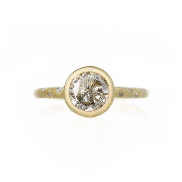 1.50ct Salt and Pepper Diamond in low profile Bezel Setting with Evergreen Embedded Diamonds 18k Yellow
