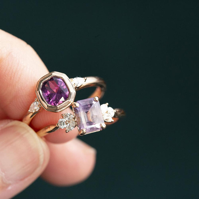 1.68ct Pink Emerald Cut Sapphire With Cluster Diamond Side Ring In 14k Rose Gold