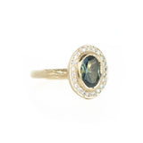 Oval Bezel Set 1.68ct Teal Blue Green Sapphire in 14k Yellow Gold Evergreen Halo