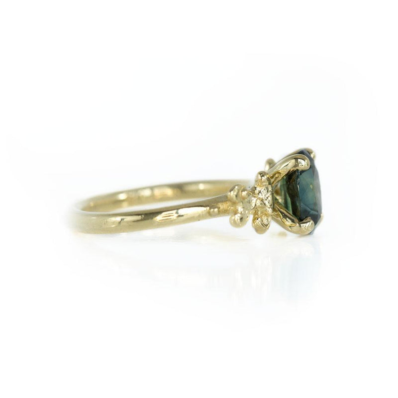 1.75ct Oval Green Blue Sapphire Prong Set Mermaid Solitaire Ring in 18k Yellow Gold