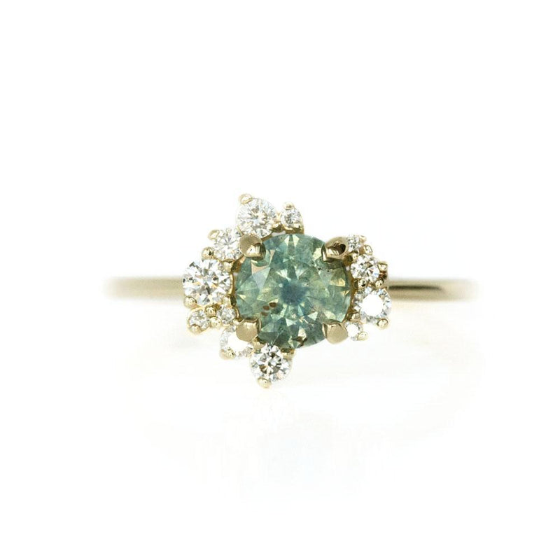 1.00ct Teal Blue Green Montana Sapphire and Asymmetrical Diamond Cluster Ring