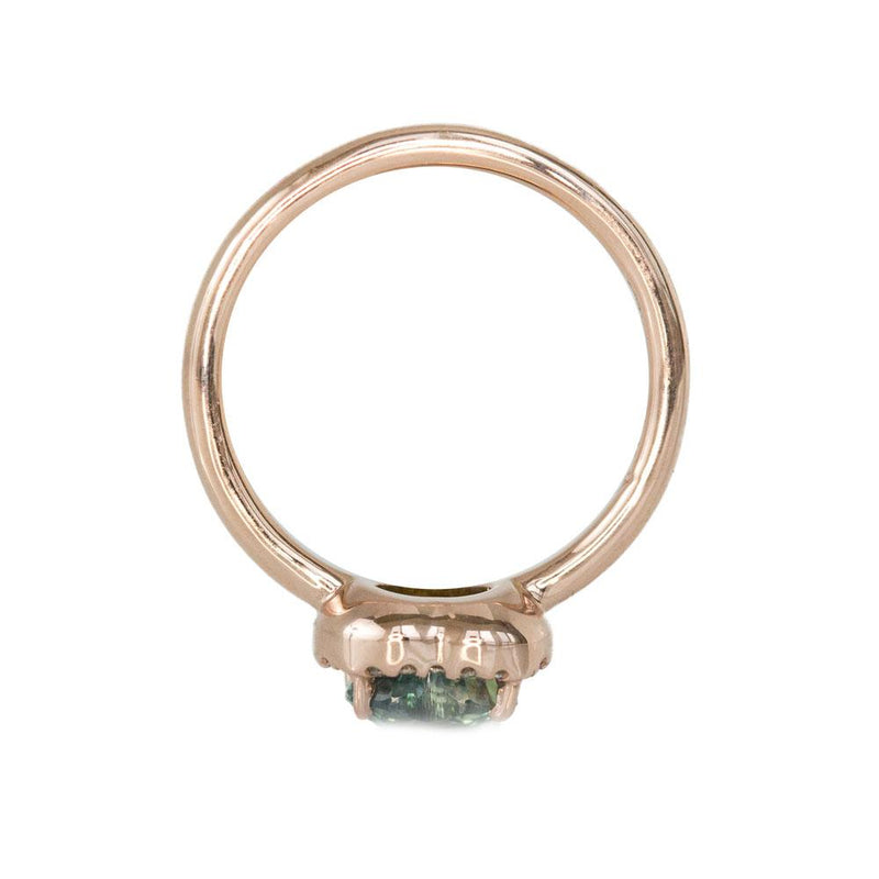 1.66ct Teal Heart Sapphire in Rose Gold Low Profile Diamond Halo by Anueva Jewelry