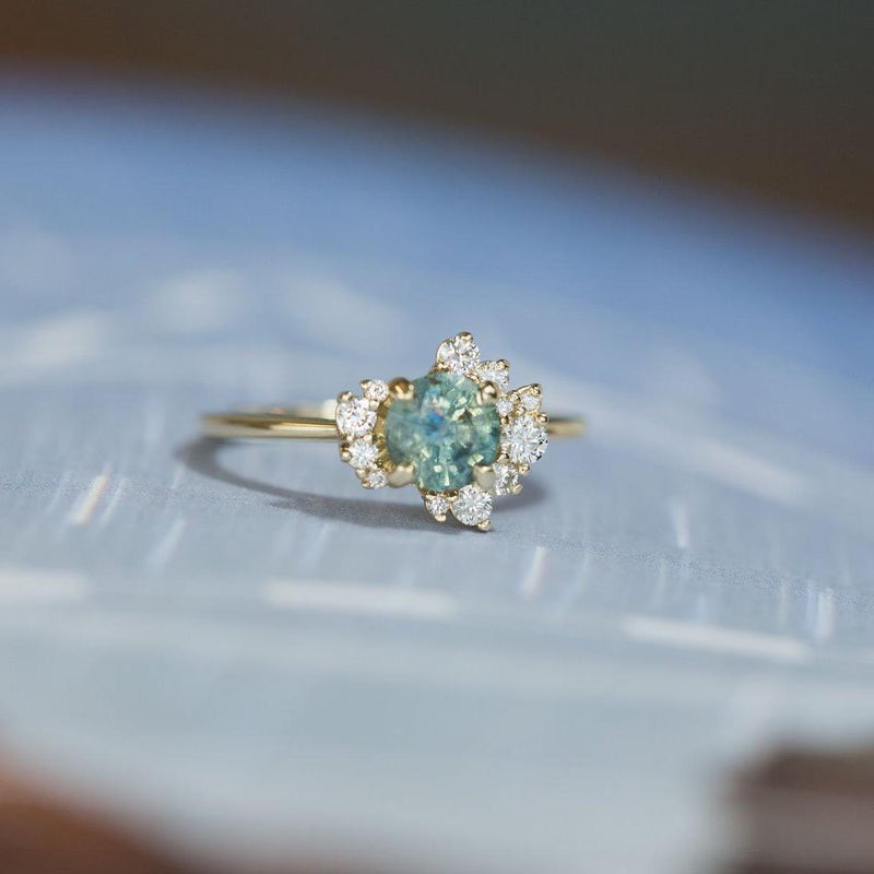 1.00ct Teal Blue Green Montana Sapphire and Asymmetrical Diamond Cluster Ring