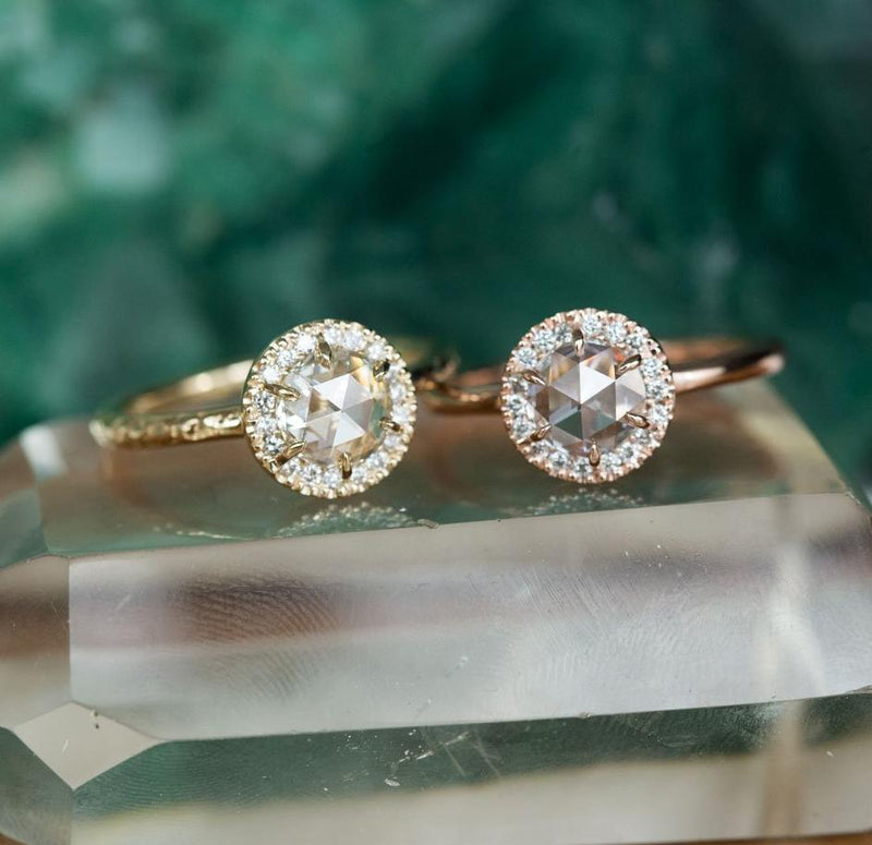 0.59ct White Rosecut diamond in 14k Yellow Gold Low Profile 6 Prong Halo Evergreen Setting on quartz