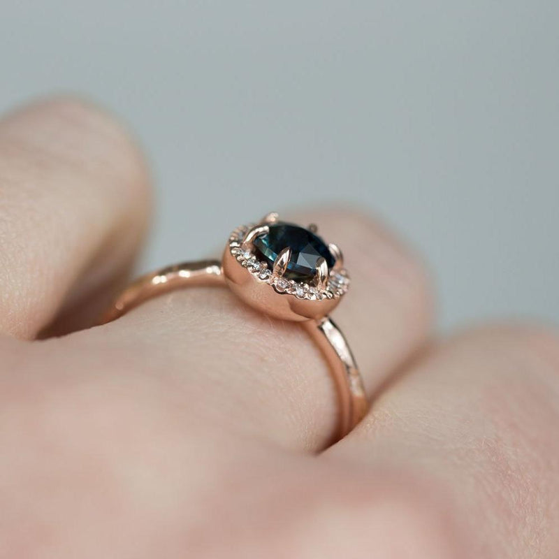 1.0ct Round Double Rosecut Australian Sapphire in Evergreen Rose Gold Low Profile Diamond Halo Ring by Anueva Jewelry