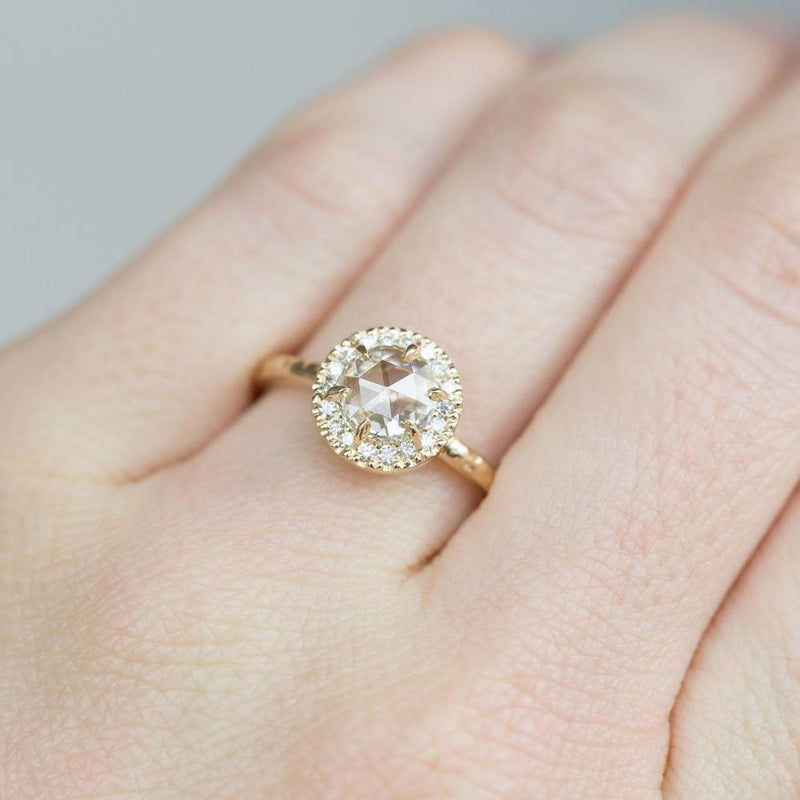 0.59ct White Rosecut diamond in 14k Yellow Gold Low Profile 6 Prong Halo Evergreen Setting on hand