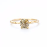 Rosecut Golden Green Galaxy Diamond and Dainty Carved Yellow Gold Solitaire Setting- Low Profile Rosecut Ring - Skinny Band - Hand carved by Anueva Jewelry