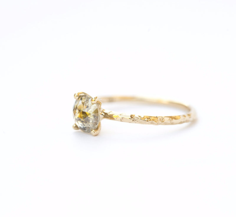 Rosecut Golden Green Galaxy Diamond and Dainty Carved Yellow Gold Solitaire Setting- Low Profile Rosecut Ring - Skinny Band - Hand carved by Anueva Jewelry