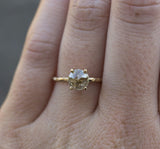 Rosecut Golden Green Galaxy Diamond and Dainty Carved Yellow Gold Solitaire Setting- Low Profile Rosecut Ring - Skinny Band - Hand carved by Anueva Jewelry