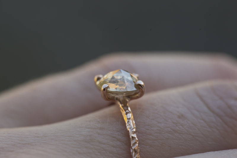 Rosecut Champagne Galaxy Diamond and Dainty Carved Rose Gold Solitaire Engagement Ring - Low Profile Rosecut Ring - Skinny Band - Hand carved by Anueva Jewelry