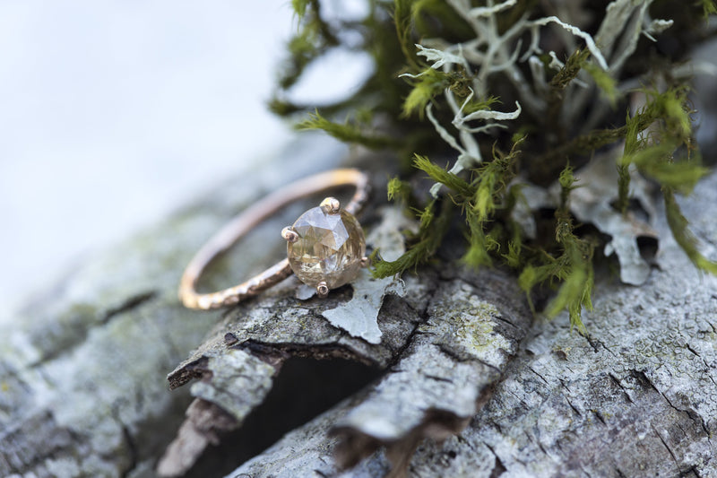 Rosecut Champagne Galaxy Diamond and Dainty Carved Rose Gold Solitaire Engagement Ring - Low Profile Rosecut Ring - Skinny Band - Hand carved by Anueva Jewelry