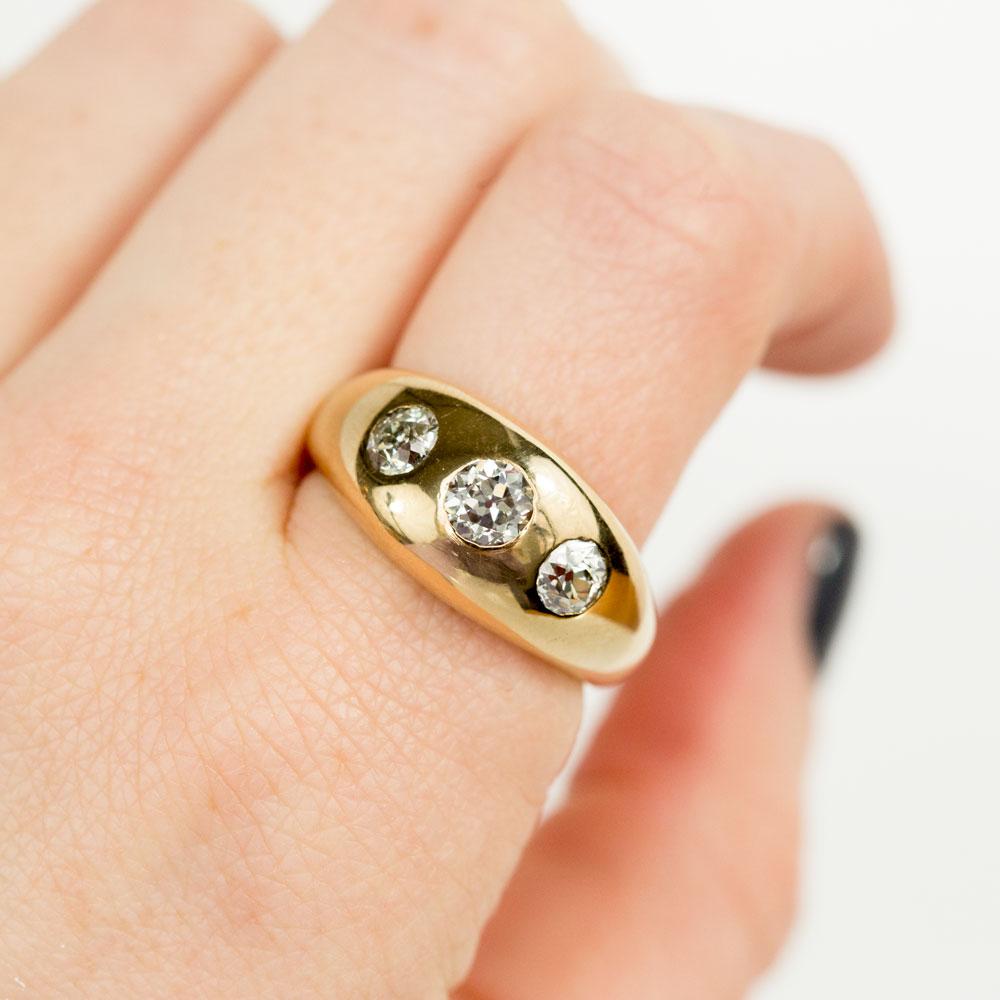 Three Stone Antique Gypsy Set Old European Cut Diamond Ring in 14k Yel Anueva Jewelry