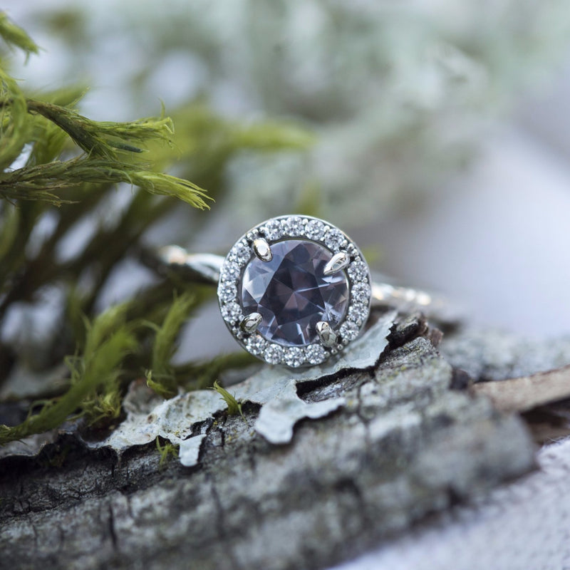 Silver Grey Spinel in White Gold Diamond Halo - Hand Carved Eclectic Band and Antique-inspired setting - Spinel Engagement Ring by Anueva Jewelry