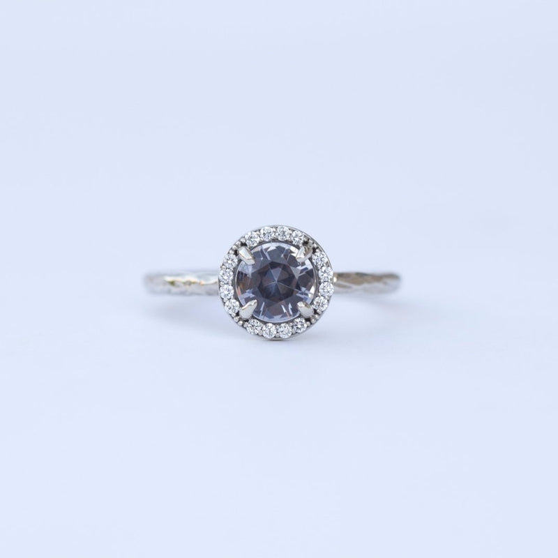 Silver Grey Spinel in White Gold Diamond Halo - Hand Carved Eclectic Band and Antique-inspired setting - Spinel Engagement Ring by Anueva Jewelry