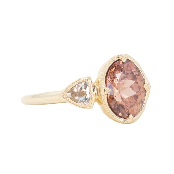 2.85ct Dusty Rose and Champagne Zircon Three Stone Antique Milgrain Low Profile Ring in 14k Yellow Gold