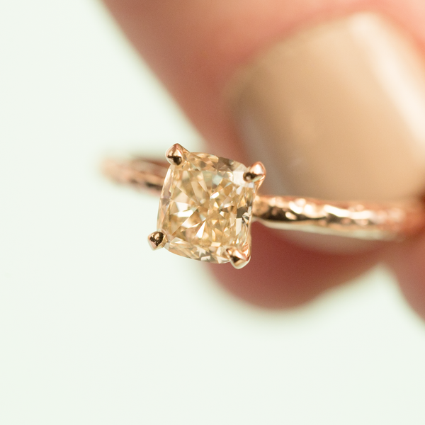 evergreen champagne cushion cut diamond solitaire rose recycled gold handmade engagement ring