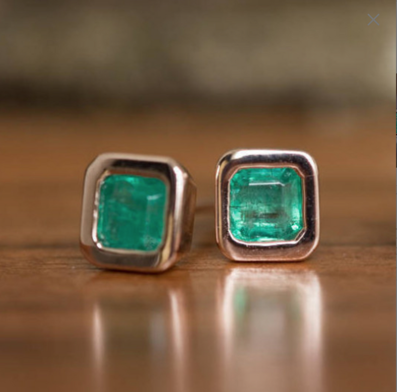Emerald Bezel Set Earrings in Rose and Yellow Gold