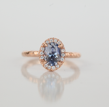 1.76ct Oval Watercolor Blue Sapphire in Halo 14k Rose Gold Evergreen Setting
