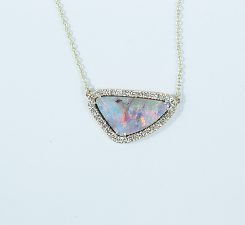 Yellow Gold Opal Triangle Diamond Necklace