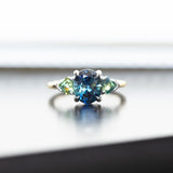 2.38ct Three Stone Oval Australian and Shield Cut Sapphire Three Stone Ring in 18k Yellow Gold and Platinum