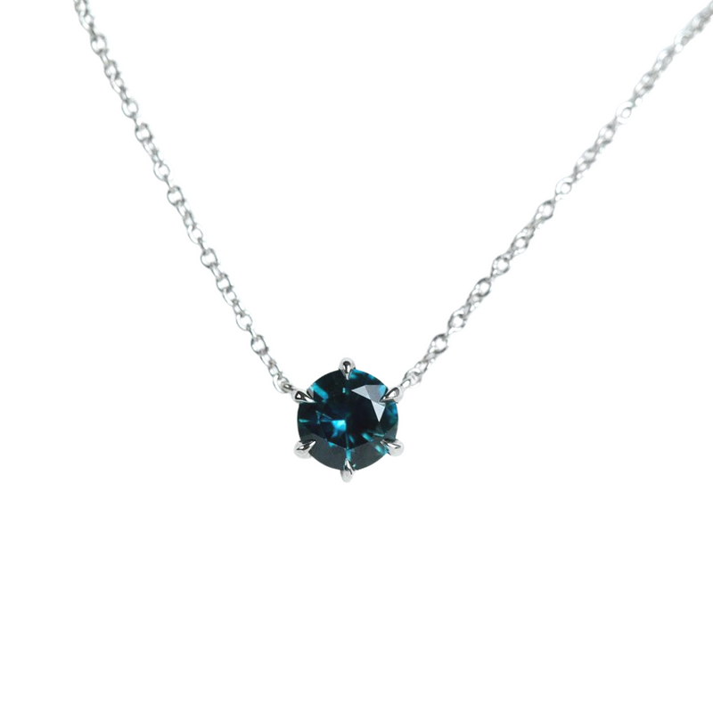 0.95ct Deep Blue Montana Sapphire Six Prong Necklace in 14k White Gold