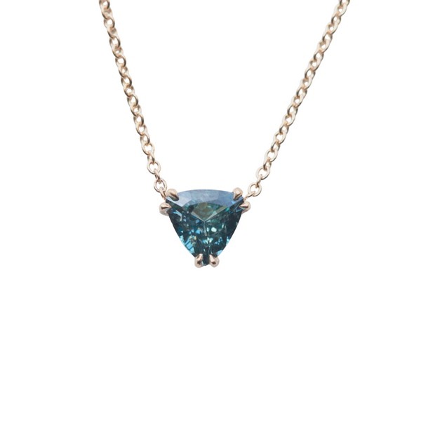0.76ct Trillion Blue Teal Sapphire Dainty Prong Necklace in 14k Yellow Gold