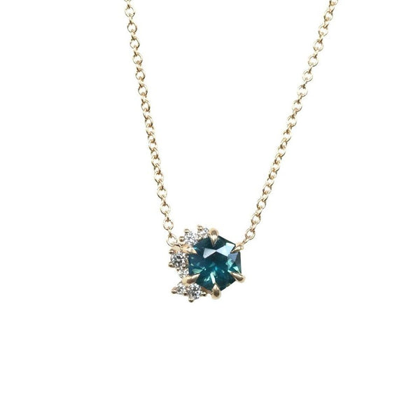 0.75ct Hexagon Sapphire and Diamond Cluster Necklace in 14k Yellow Gold