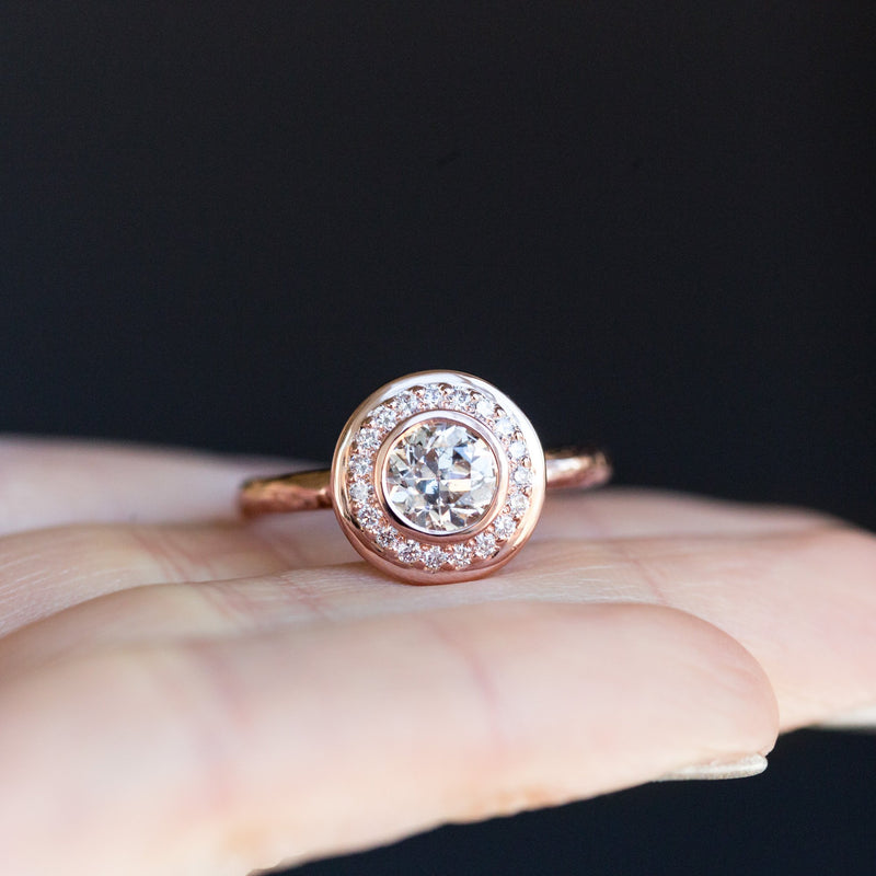 0.89 Old European Cut Diamond in Rose Gold Bezel Set Halo Evergreen