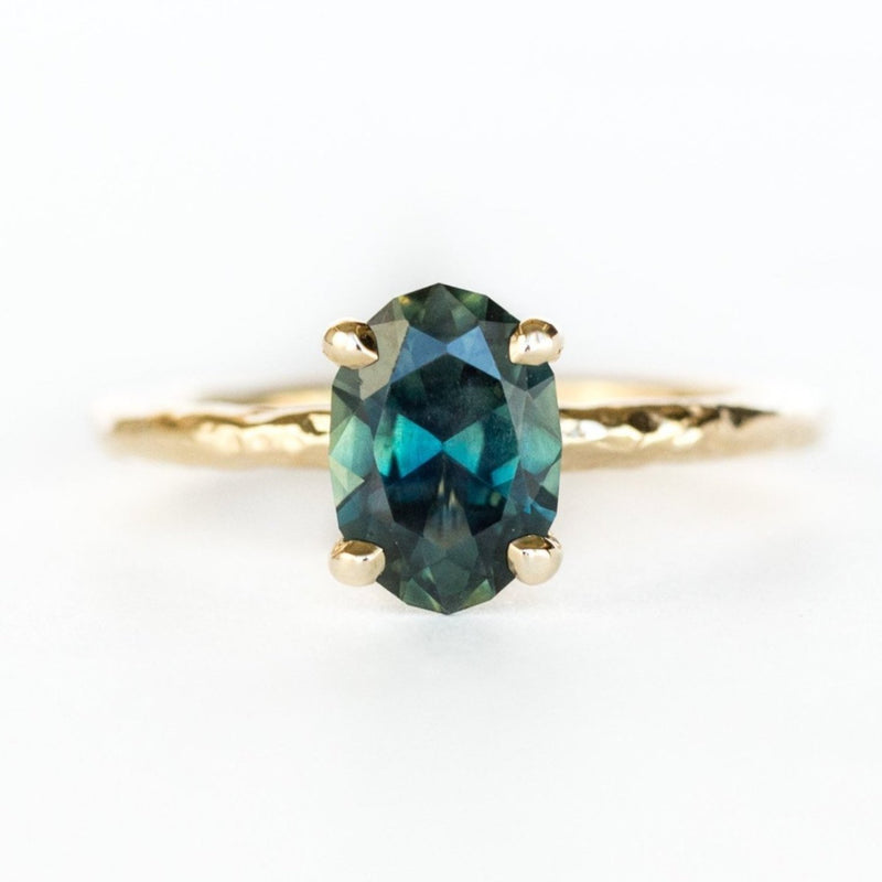 Nigerian Sapphire 4 Prong Hand Carved Evergreen Yellow Gold Engagement Ring by Anueva Jewelry