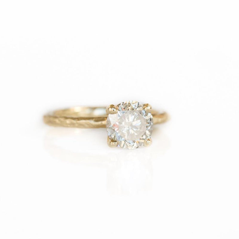 1.74ct Lightly Peppered Brilliant Light Champagne Diamond Solitaire in Evergreen Carved Recycled Yellow Gold