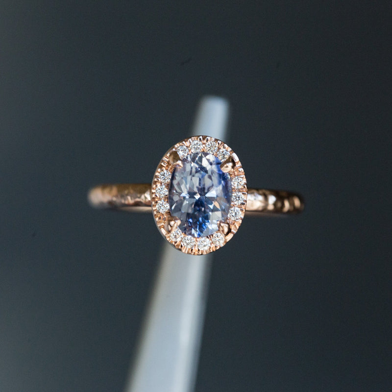 1.76ct Oval Watercolor Blue Sapphire in Halo 14k Rose Gold Evergreen Setting