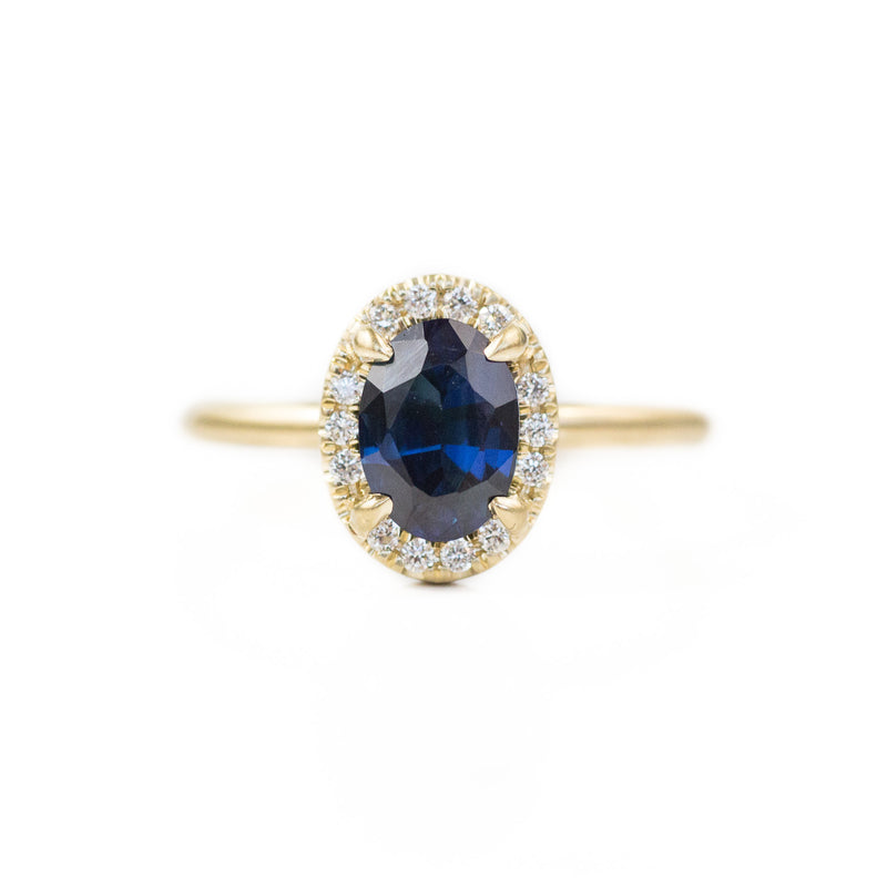 1.44ct Blue Oval Unheated Sapphire Diamond in Halo 18k Yellow Gold Setting