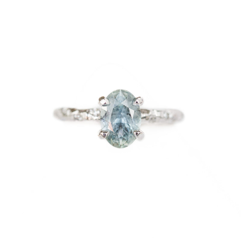 1.30ct Oval Icy Blue Montana Sapphire Ring with Embedded Diamonds in 14k White Gold
