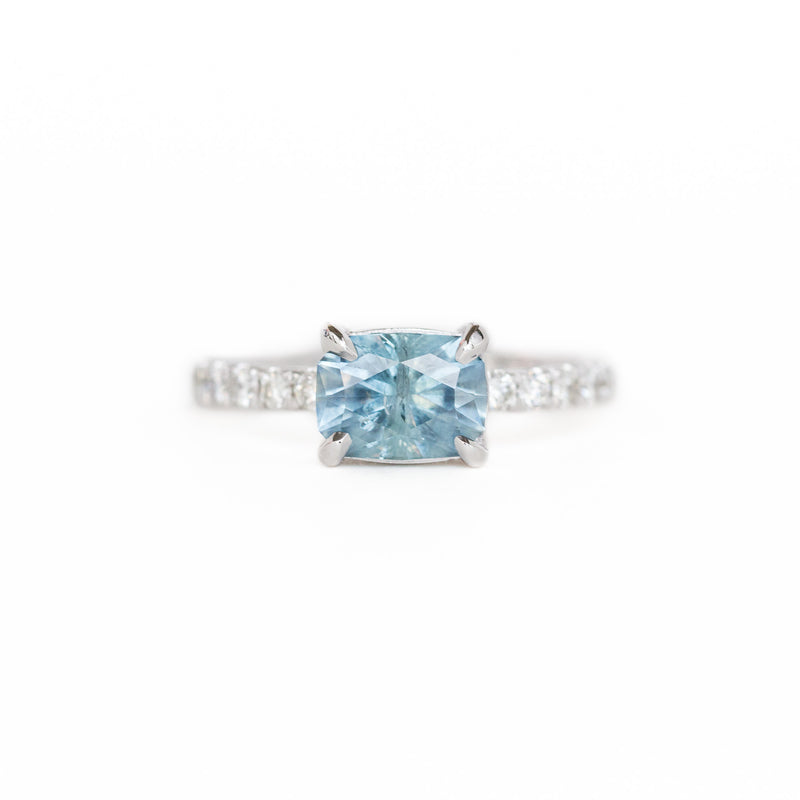 1.75ct East-West Radiant Cut Montana Sapphire with Diamond Band in 14k White