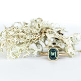2.12ct Light Teal Emerald Cut Sapphire Bezel Evergreen Setting 14k Yellow Gold Low Profile