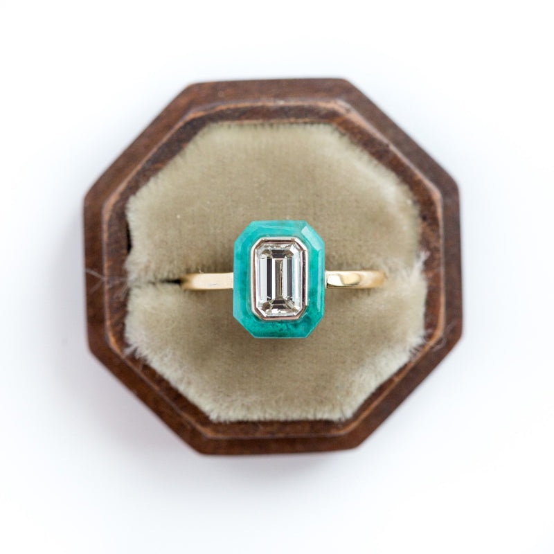 Emerald Cut Diamond and Green Gemstone Halo Ring - Chrysocolla Green Art Deco Ring in Two-Tone 14k Gold