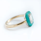 Emerald Cut Diamond and Green Gemstone Halo Ring - Chrysocolla Green Art Deco Ring in Two-Tone 14k Gold
