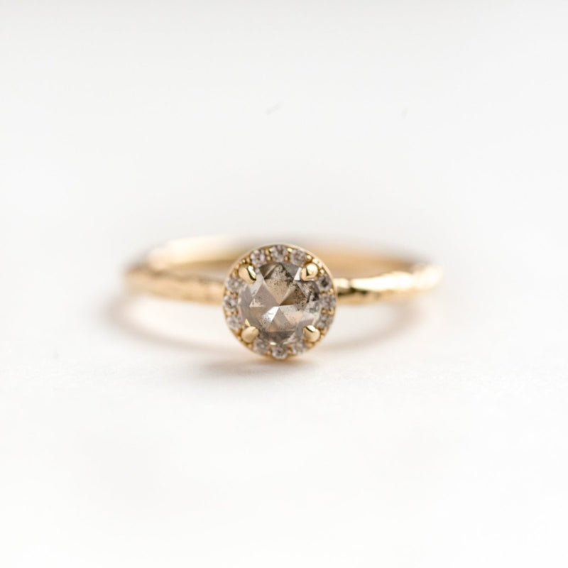 salt and pepper grey rosecut diamond halo yellow gold engagement ring anueva jewelry