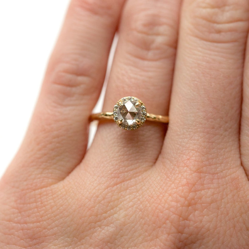 salt and pepper grey rosecut diamond halo yellow gold engagement ring anueva jewelry