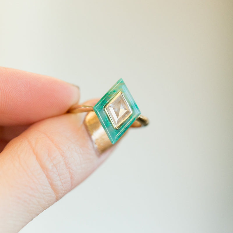 0.64ct Rosecut Diamond and Green Gemstone Halo Ring - Chrysocolla Green Art Deco Ring in 14k Yellow Gold