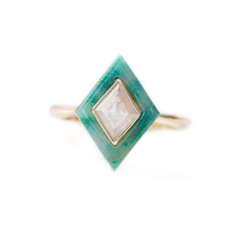 0.64ct Rosecut Diamond and Green Gemstone Halo Ring - Chrysocolla Green Art Deco Ring in 14k Yellow Gold