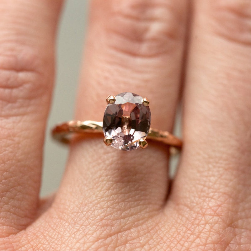 evergreen pink sapphire spinel recycled gold purple engagement ring