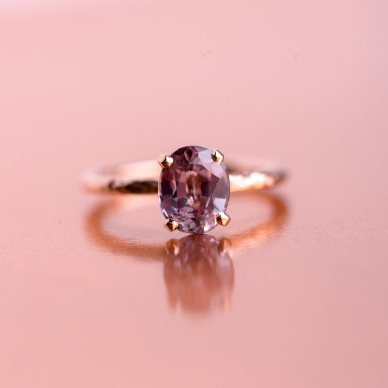evergreen pink sapphire spinel recycled gold purple engagement ring