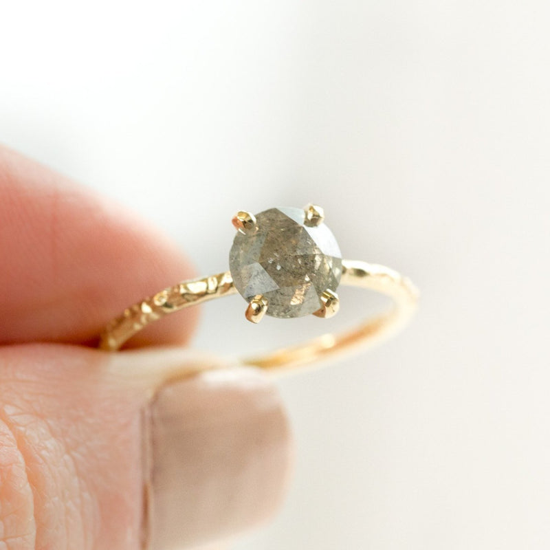 smoky grey galaxy rosecut diamond prong setting yellow gold dainty engagement ring