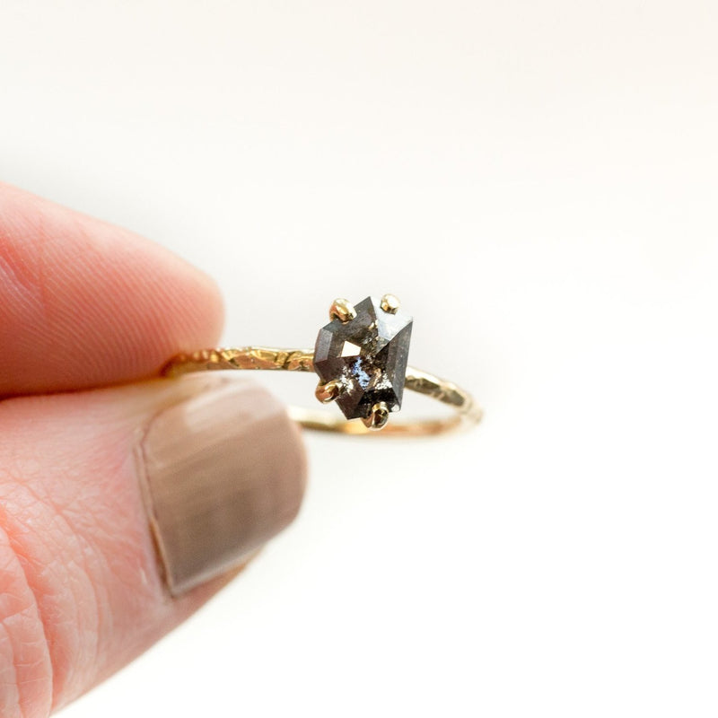 black smoky galaxy geometric rosecut diamond prong setting dainty yellow gold engagement ring