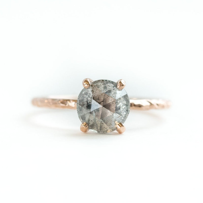 silver salt and pepper rosecut prong setting grey diamond hand carved galaxy rose gold dainty engagement ring